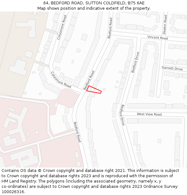 64, BEDFORD ROAD, SUTTON COLDFIELD, B75 6AE: Location map and indicative extent of plot