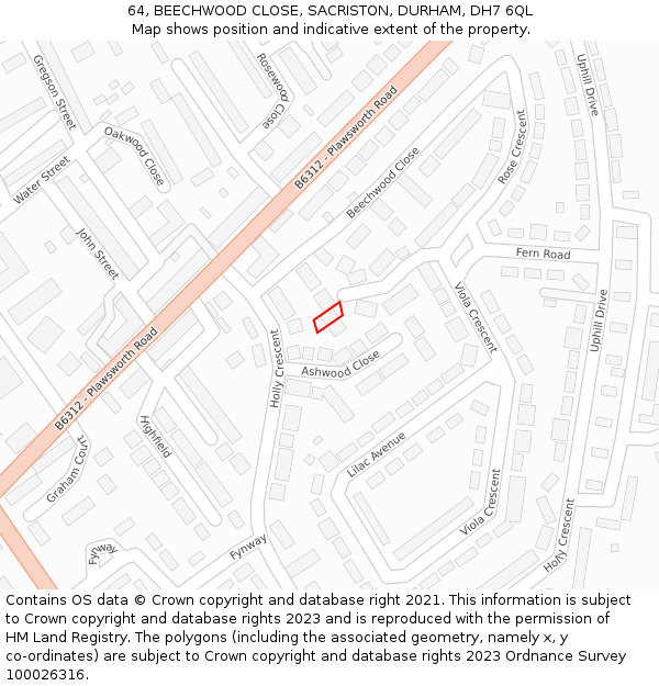 64, BEECHWOOD CLOSE, SACRISTON, DURHAM, DH7 6QL: Location map and indicative extent of plot