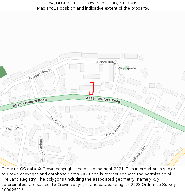 64, BLUEBELL HOLLOW, STAFFORD, ST17 0JN: Location map and indicative extent of plot