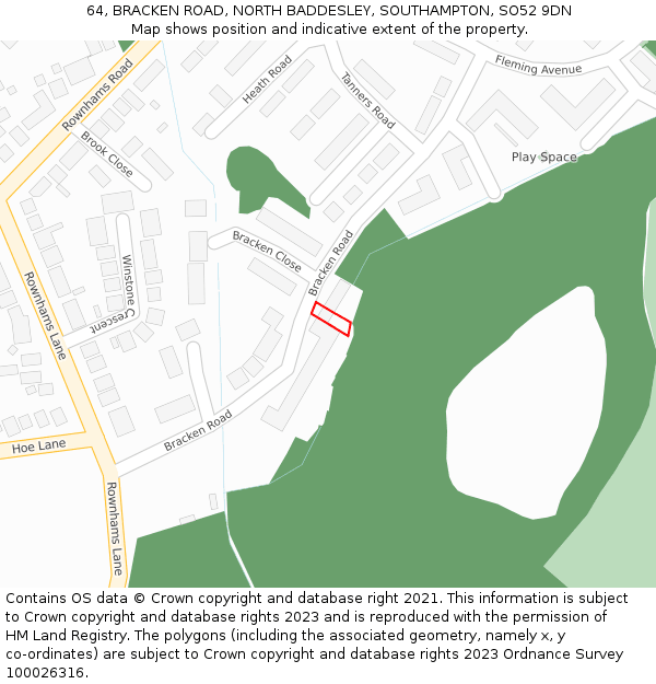 64, BRACKEN ROAD, NORTH BADDESLEY, SOUTHAMPTON, SO52 9DN: Location map and indicative extent of plot