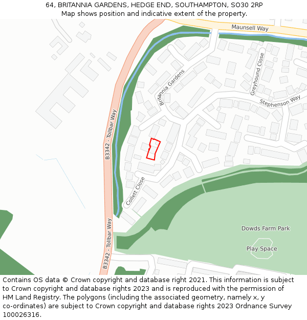 64, BRITANNIA GARDENS, HEDGE END, SOUTHAMPTON, SO30 2RP: Location map and indicative extent of plot
