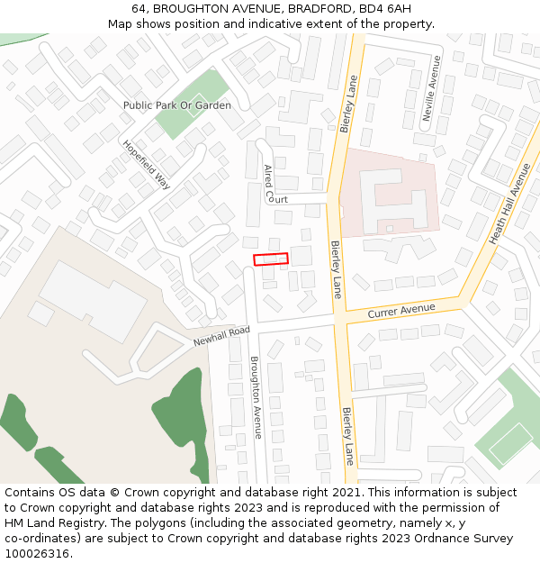 64, BROUGHTON AVENUE, BRADFORD, BD4 6AH: Location map and indicative extent of plot
