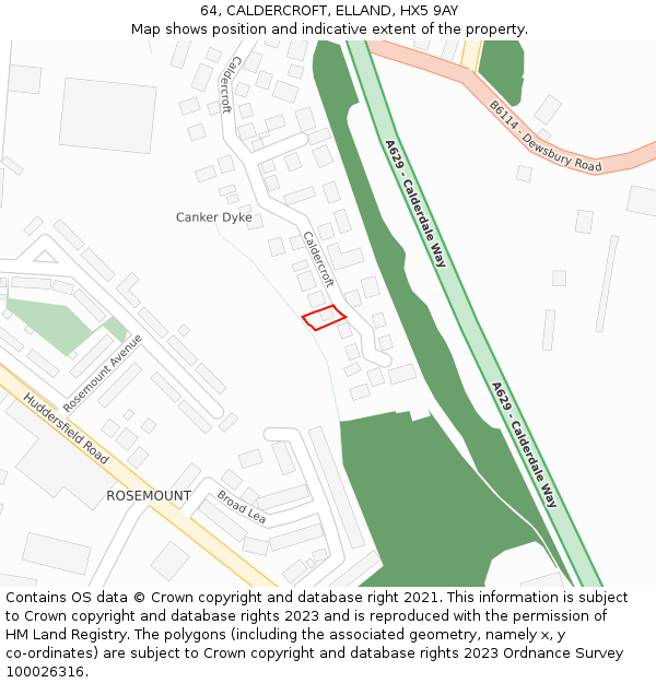 64, CALDERCROFT, ELLAND, HX5 9AY: Location map and indicative extent of plot
