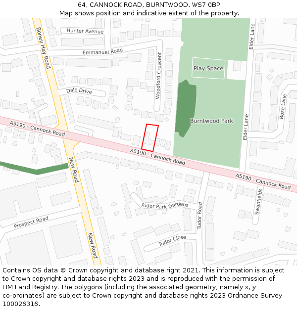 64, CANNOCK ROAD, BURNTWOOD, WS7 0BP: Location map and indicative extent of plot
