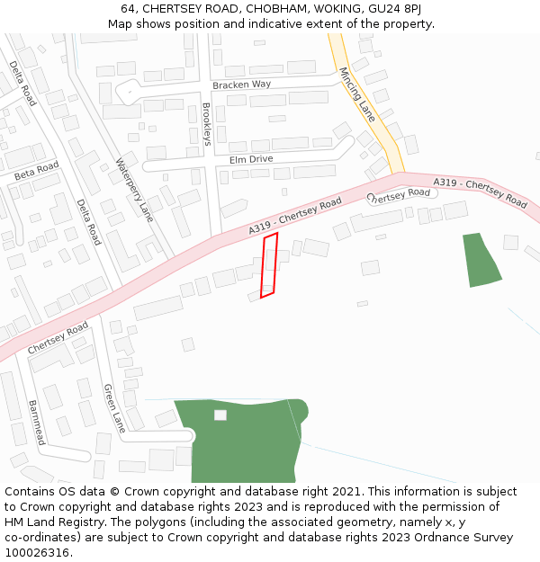 64, CHERTSEY ROAD, CHOBHAM, WOKING, GU24 8PJ: Location map and indicative extent of plot
