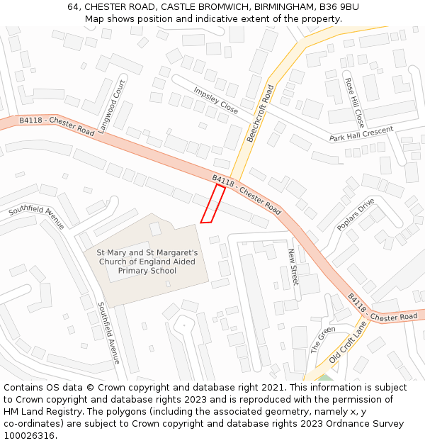64, CHESTER ROAD, CASTLE BROMWICH, BIRMINGHAM, B36 9BU: Location map and indicative extent of plot