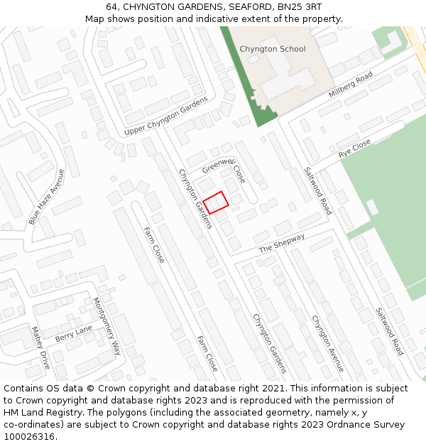 64, CHYNGTON GARDENS, SEAFORD, BN25 3RT: Location map and indicative extent of plot