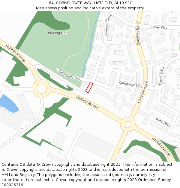 64, CORNFLOWER WAY, HATFIELD, AL10 9FY: Location map and indicative extent of plot