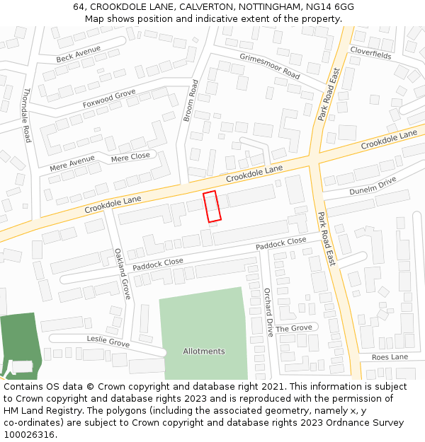 64, CROOKDOLE LANE, CALVERTON, NOTTINGHAM, NG14 6GG: Location map and indicative extent of plot