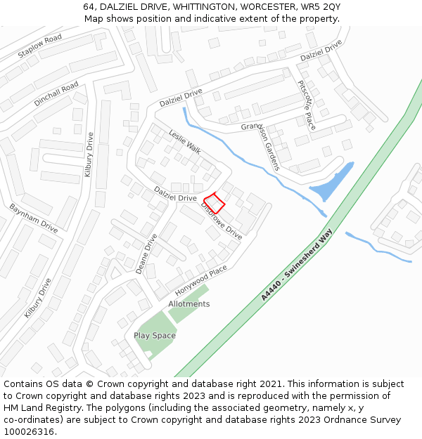 64, DALZIEL DRIVE, WHITTINGTON, WORCESTER, WR5 2QY: Location map and indicative extent of plot