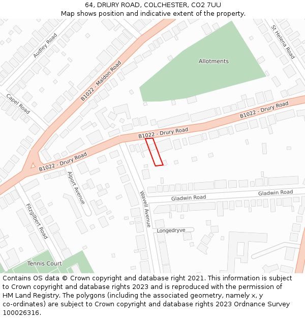 64, DRURY ROAD, COLCHESTER, CO2 7UU: Location map and indicative extent of plot