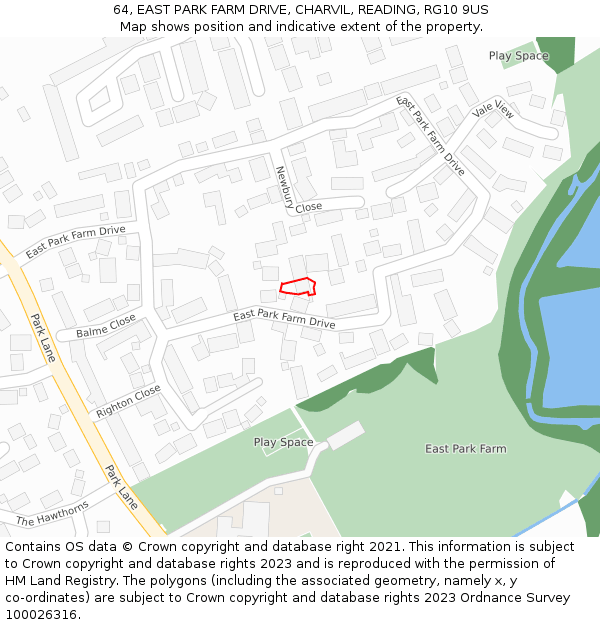 64, EAST PARK FARM DRIVE, CHARVIL, READING, RG10 9US: Location map and indicative extent of plot