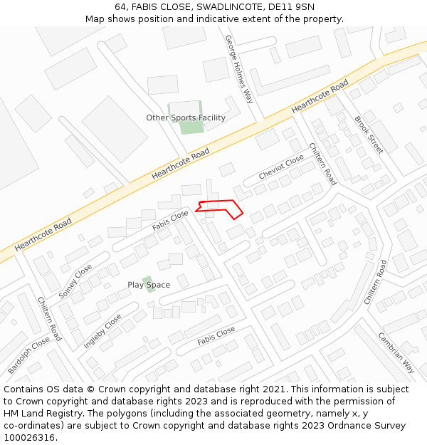64, FABIS CLOSE, SWADLINCOTE, DE11 9SN: Location map and indicative extent of plot
