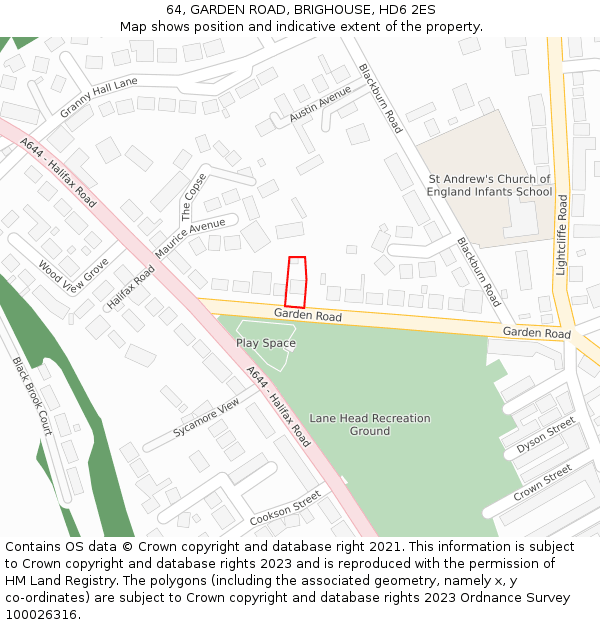 64, GARDEN ROAD, BRIGHOUSE, HD6 2ES: Location map and indicative extent of plot