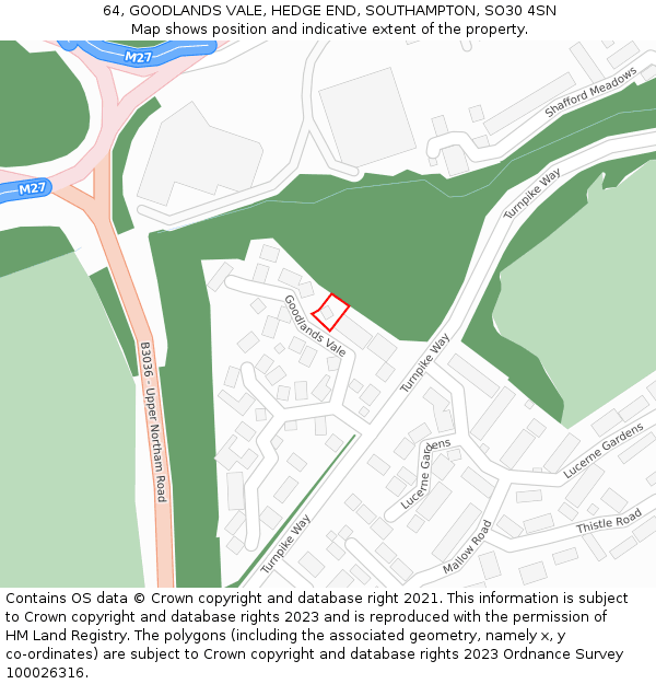 64, GOODLANDS VALE, HEDGE END, SOUTHAMPTON, SO30 4SN: Location map and indicative extent of plot