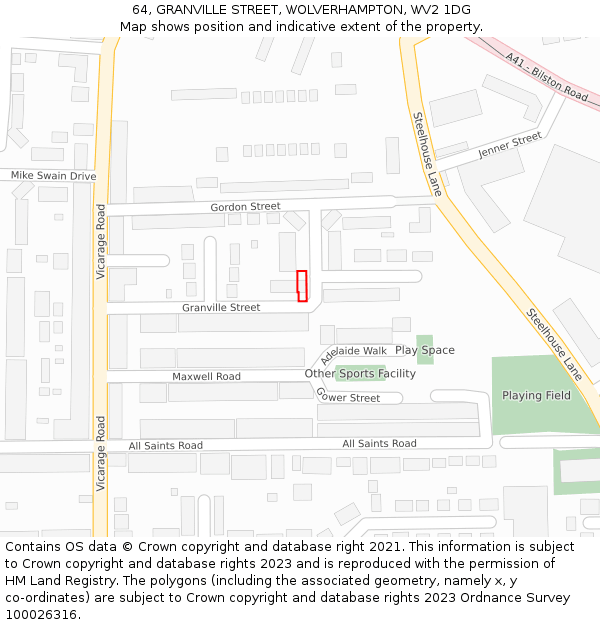 64, GRANVILLE STREET, WOLVERHAMPTON, WV2 1DG: Location map and indicative extent of plot