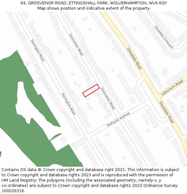64, GROSVENOR ROAD, ETTINGSHALL PARK, WOLVERHAMPTON, WV4 6QY: Location map and indicative extent of plot