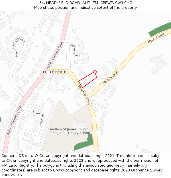 64, HEATHFIELD ROAD, AUDLEM, CREWE, CW3 0HG: Location map and indicative extent of plot