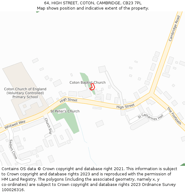 64, HIGH STREET, COTON, CAMBRIDGE, CB23 7PL: Location map and indicative extent of plot