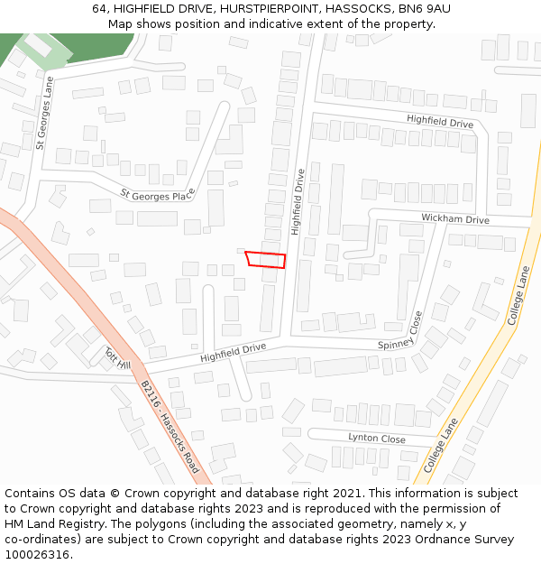 64, HIGHFIELD DRIVE, HURSTPIERPOINT, HASSOCKS, BN6 9AU: Location map and indicative extent of plot