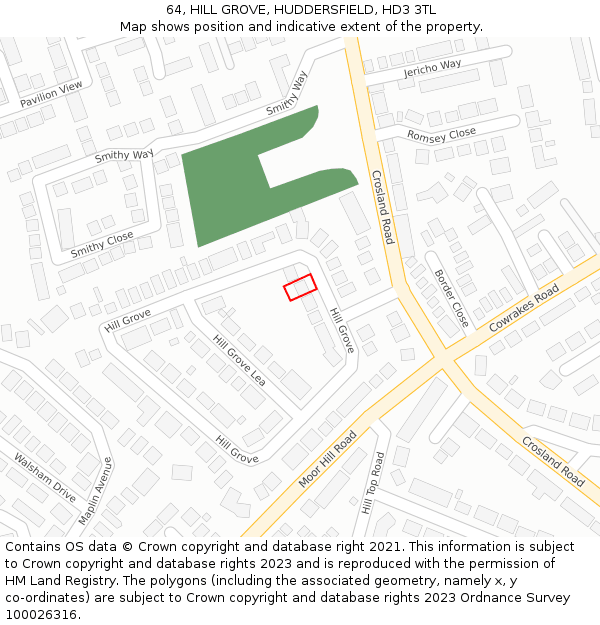 64, HILL GROVE, HUDDERSFIELD, HD3 3TL: Location map and indicative extent of plot