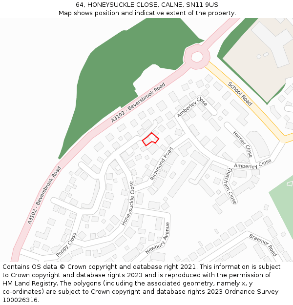 64, HONEYSUCKLE CLOSE, CALNE, SN11 9US: Location map and indicative extent of plot