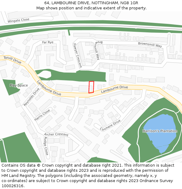 64, LAMBOURNE DRIVE, NOTTINGHAM, NG8 1GR: Location map and indicative extent of plot