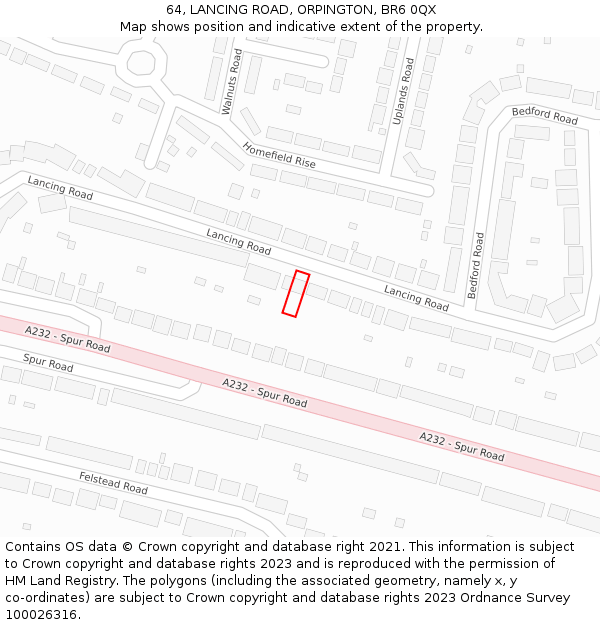 64, LANCING ROAD, ORPINGTON, BR6 0QX: Location map and indicative extent of plot