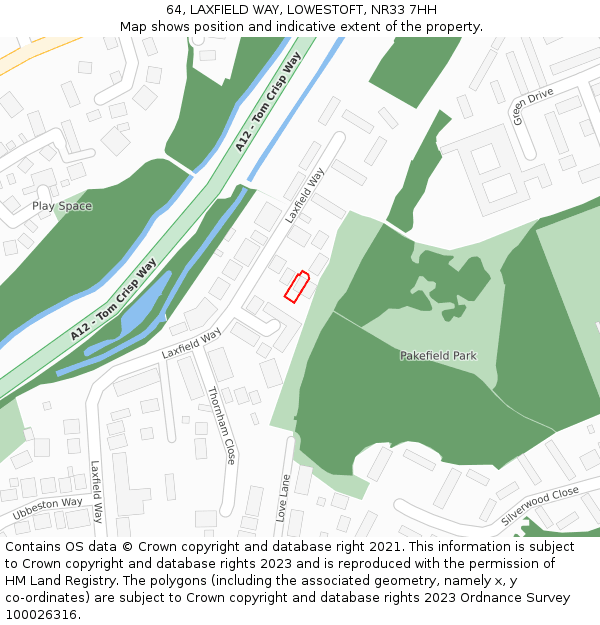 64, LAXFIELD WAY, LOWESTOFT, NR33 7HH: Location map and indicative extent of plot