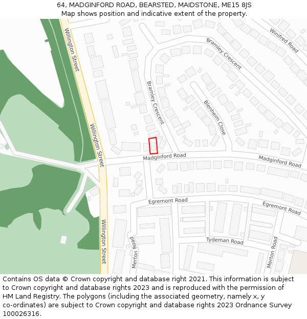 64, MADGINFORD ROAD, BEARSTED, MAIDSTONE, ME15 8JS: Location map and indicative extent of plot