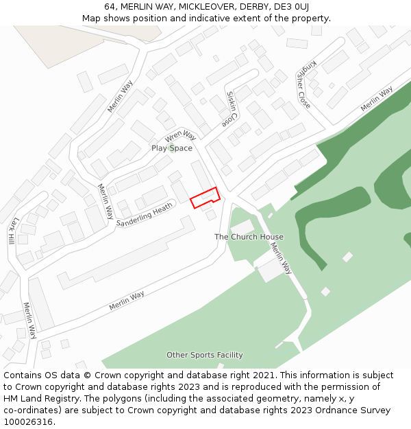 64, MERLIN WAY, MICKLEOVER, DERBY, DE3 0UJ: Location map and indicative extent of plot