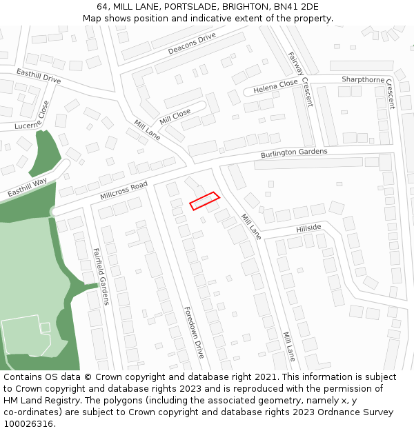 64, MILL LANE, PORTSLADE, BRIGHTON, BN41 2DE: Location map and indicative extent of plot