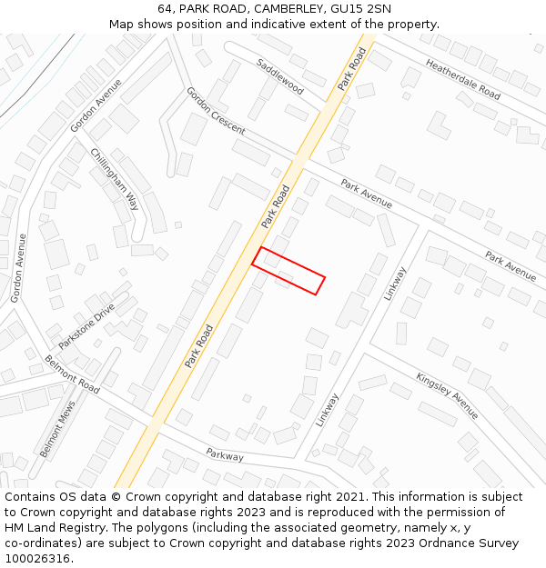 64, PARK ROAD, CAMBERLEY, GU15 2SN: Location map and indicative extent of plot