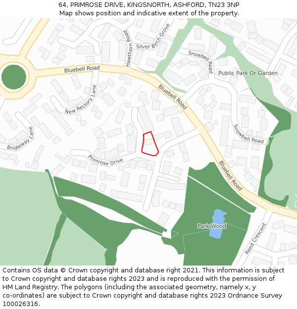 64, PRIMROSE DRIVE, KINGSNORTH, ASHFORD, TN23 3NP: Location map and indicative extent of plot