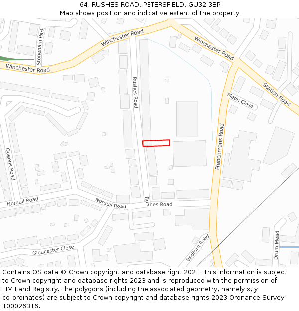 64, RUSHES ROAD, PETERSFIELD, GU32 3BP: Location map and indicative extent of plot