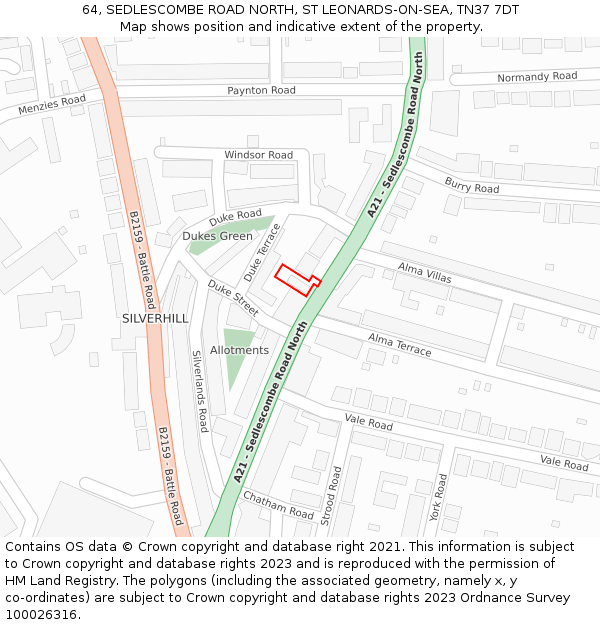 64, SEDLESCOMBE ROAD NORTH, ST LEONARDS-ON-SEA, TN37 7DT: Location map and indicative extent of plot