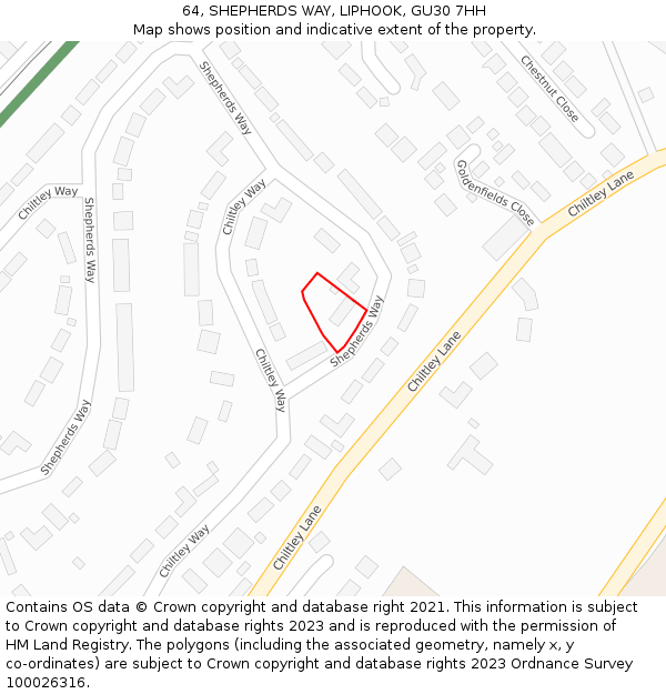 64, SHEPHERDS WAY, LIPHOOK, GU30 7HH: Location map and indicative extent of plot