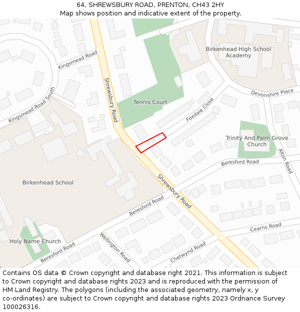 64, SHREWSBURY ROAD, PRENTON, CH43 2HY: Location map and indicative extent of plot