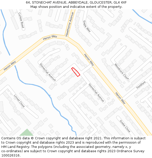 64, STONECHAT AVENUE, ABBEYDALE, GLOUCESTER, GL4 4XF: Location map and indicative extent of plot