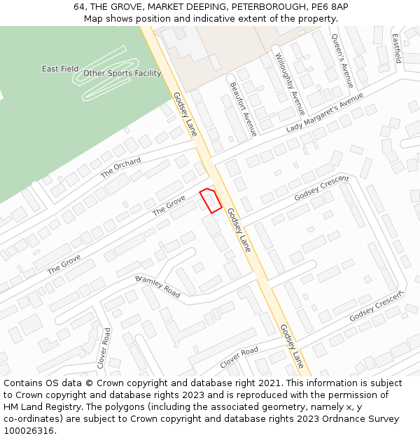 64, THE GROVE, MARKET DEEPING, PETERBOROUGH, PE6 8AP: Location map and indicative extent of plot