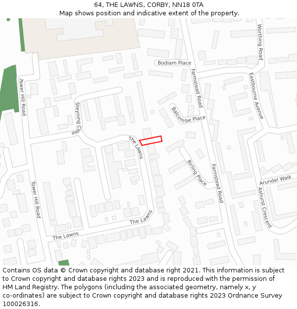 64, THE LAWNS, CORBY, NN18 0TA: Location map and indicative extent of plot