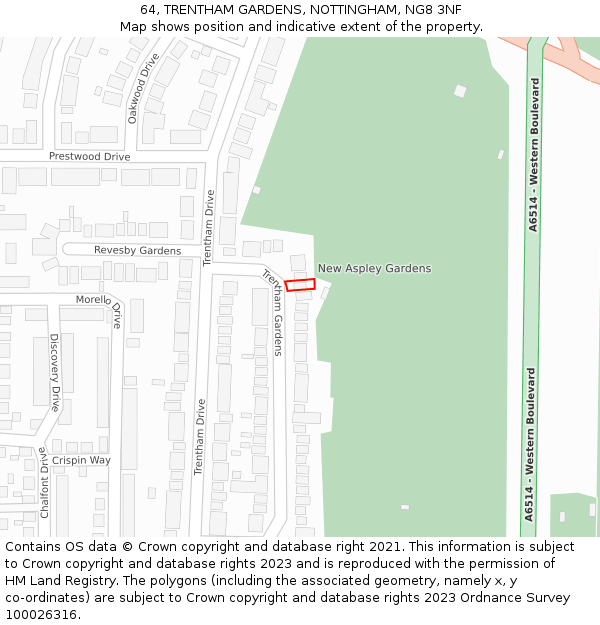 64, TRENTHAM GARDENS, NOTTINGHAM, NG8 3NF: Location map and indicative extent of plot