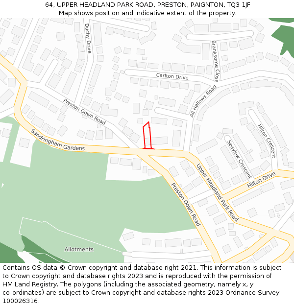 64, UPPER HEADLAND PARK ROAD, PRESTON, PAIGNTON, TQ3 1JF: Location map and indicative extent of plot