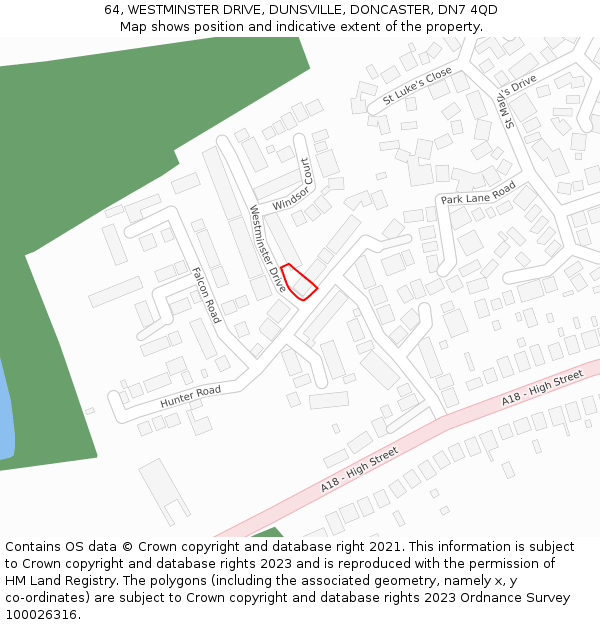 64, WESTMINSTER DRIVE, DUNSVILLE, DONCASTER, DN7 4QD: Location map and indicative extent of plot