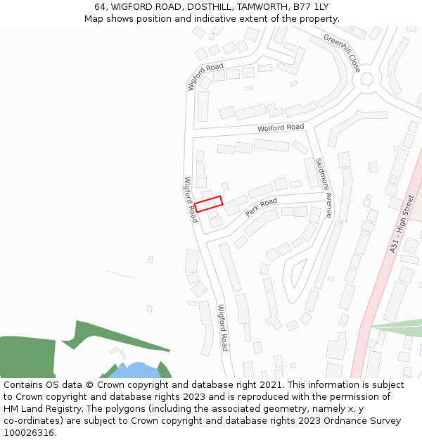 64, WIGFORD ROAD, DOSTHILL, TAMWORTH, B77 1LY: Location map and indicative extent of plot