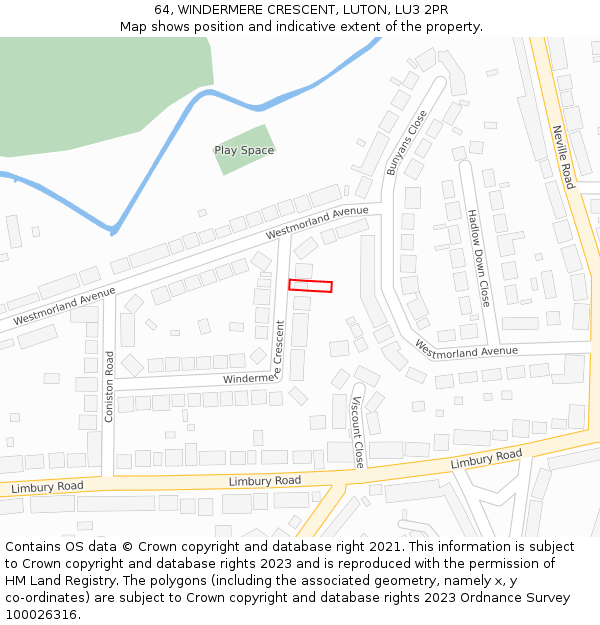 64, WINDERMERE CRESCENT, LUTON, LU3 2PR: Location map and indicative extent of plot