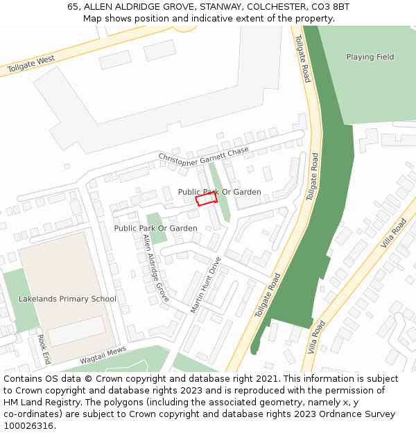 65, ALLEN ALDRIDGE GROVE, STANWAY, COLCHESTER, CO3 8BT: Location map and indicative extent of plot