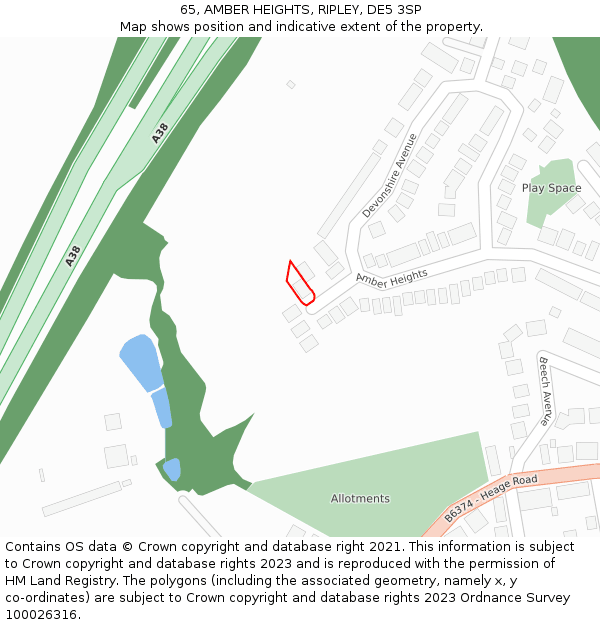 65, AMBER HEIGHTS, RIPLEY, DE5 3SP: Location map and indicative extent of plot