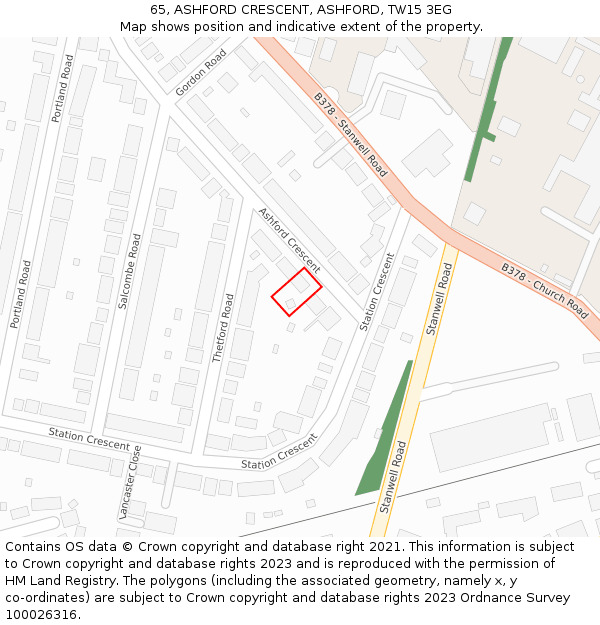65, ASHFORD CRESCENT, ASHFORD, TW15 3EG: Location map and indicative extent of plot