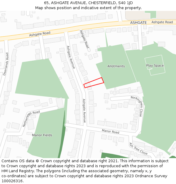 65, ASHGATE AVENUE, CHESTERFIELD, S40 1JD: Location map and indicative extent of plot